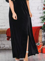 Slit Round Neck Flutter Sleeve Velvet Maxi Dress
