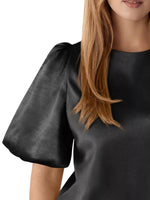 Round Neck Puff Sleeve Satin Top