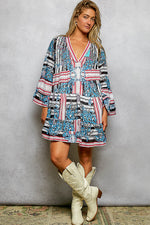 POL Striped Floral Long Sleeve Mini Dress with Pintuck Detail