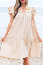 Floral Embroidery Pom Pom Ruffle Sleeves Mini Dress