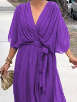 Full Size Flowy Tie Front Midi Dress with Flutter Sleeves Plus Size
