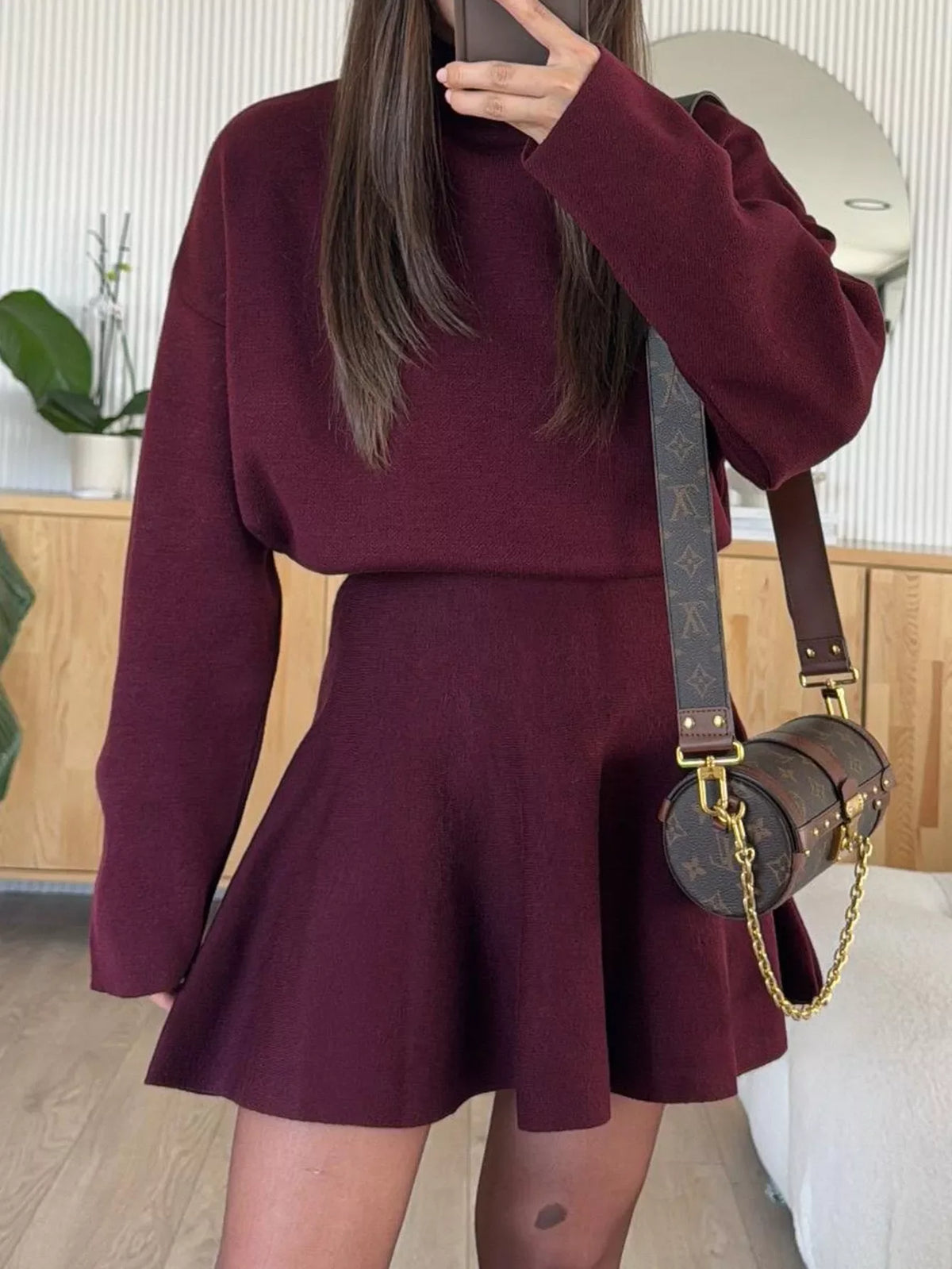 Turtleneck Dropped Shoulder Sweater and Skirt Set