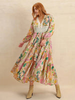 Plus Size Lace Detail Printed V-Neck Balloon Sleeve Dress