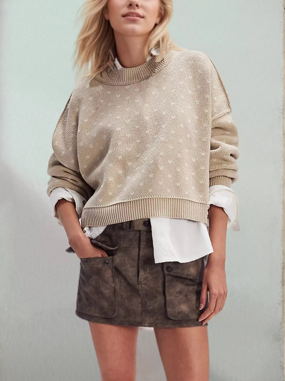 Heart-Patterned Round Neck Sweater