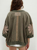 Mineral Wash Raw Seam Patchwork Flower Patched 3/4 Sleeve Loose Top