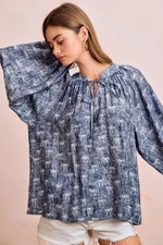 BiBi Ribbon Bow Print Exaggerated Balloon Sleeves Top