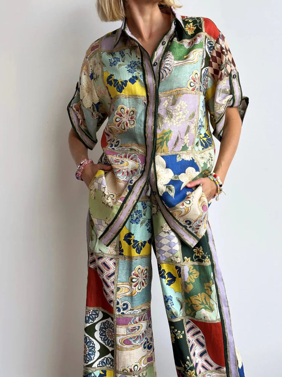 Printed Button Up Shirt and Pants Set