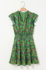 Floral Tie Split Neck Frilly Ruffle Trim Tiered Short Dress