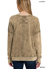 Zenana French Terry Washed Raw Edge Front Pocket Pullover