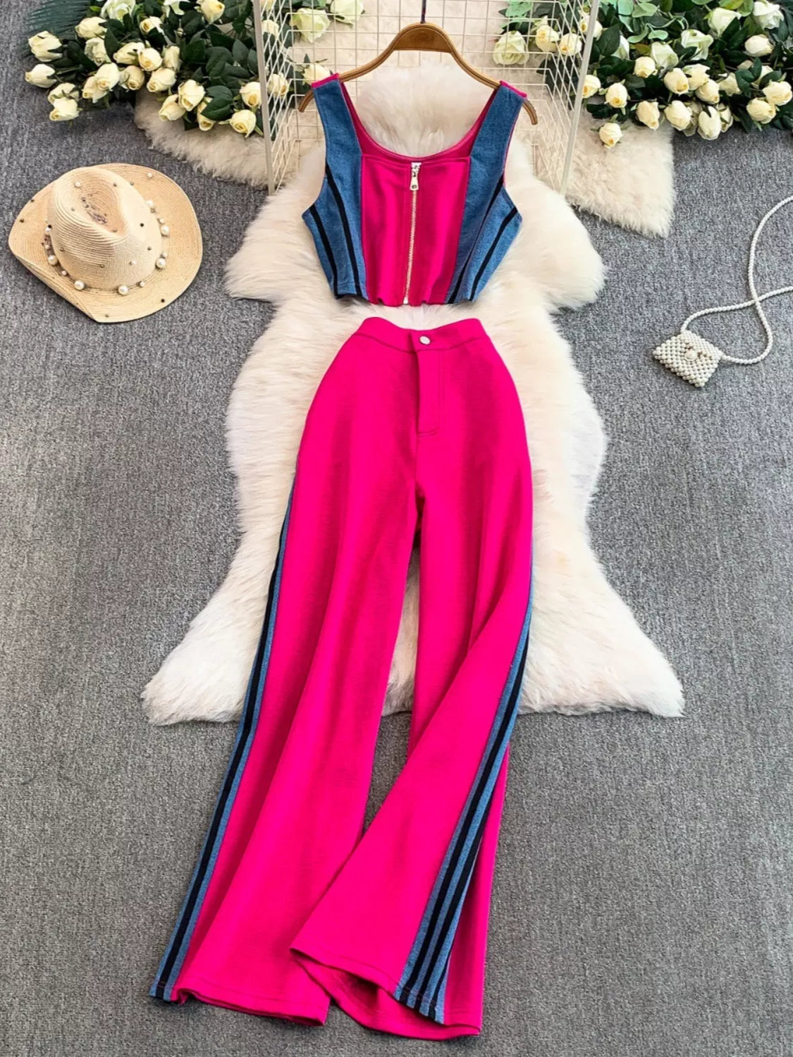 Zip Front Contrast Tank and Side Striped Pants Set