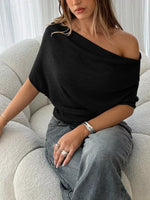 Off-Shoulder Ruched Knit T-Shirt