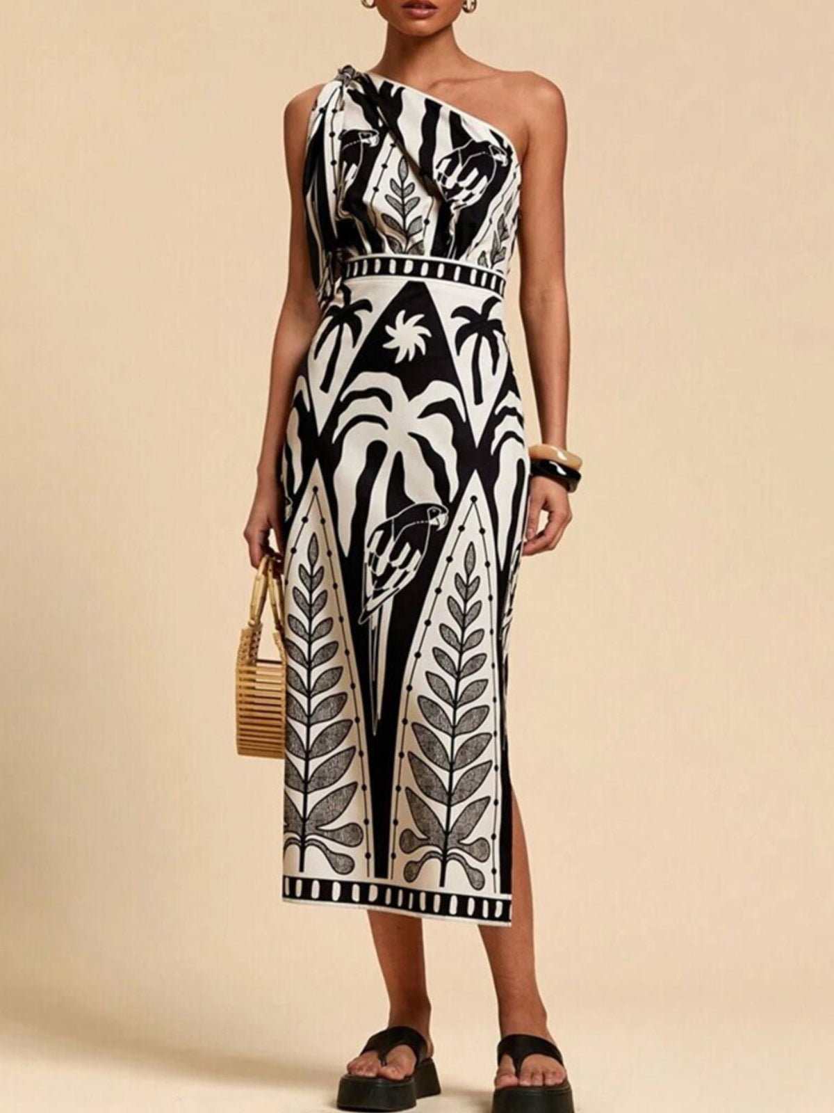 One-Shoulder Tropical Print Midi Dress