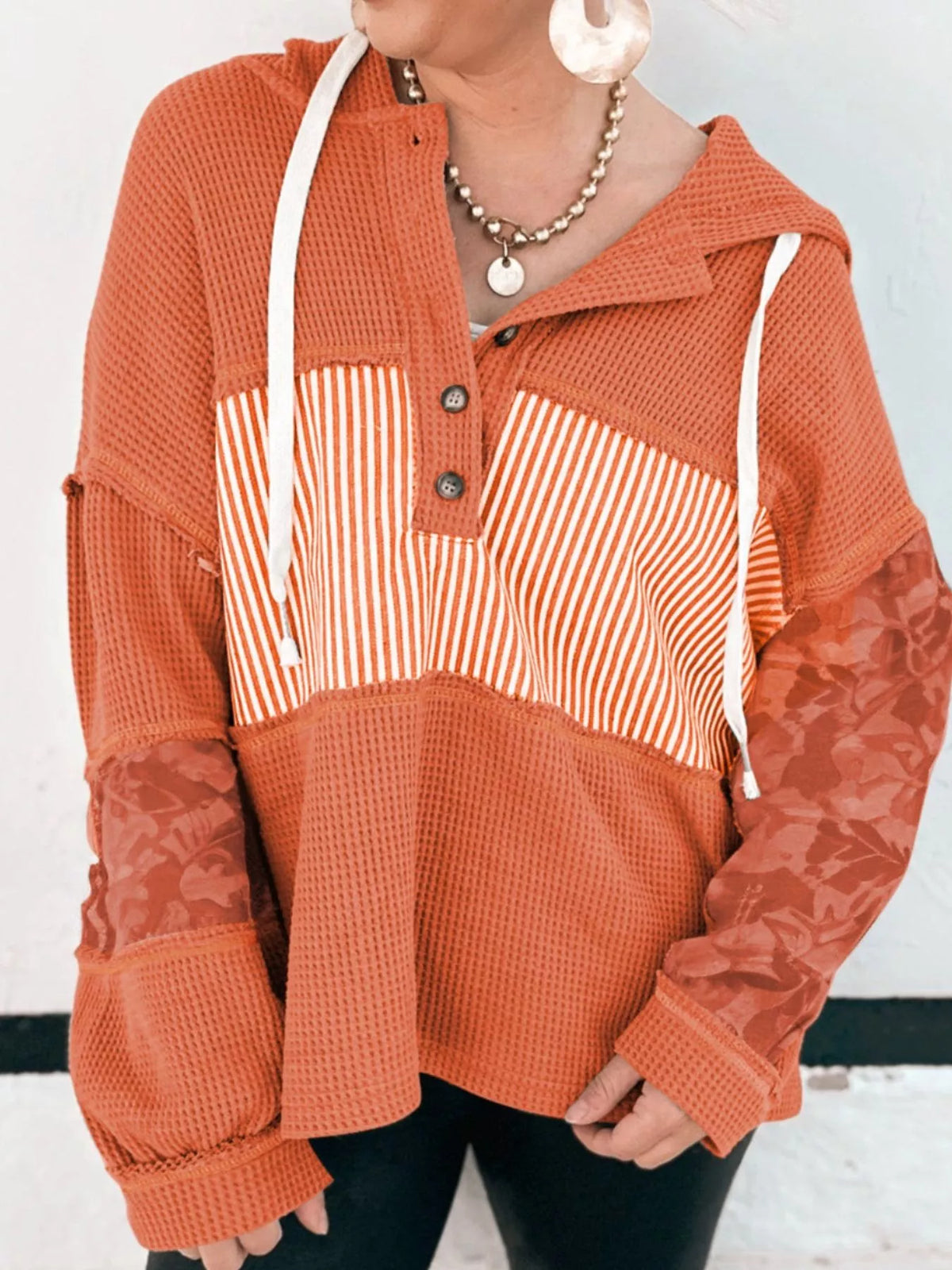 Waffle Knit Color Block Striped Drawstring Hoodie