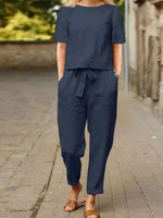 Full Size Round Neck Short Sleeve Top and Pants Set Plus Size