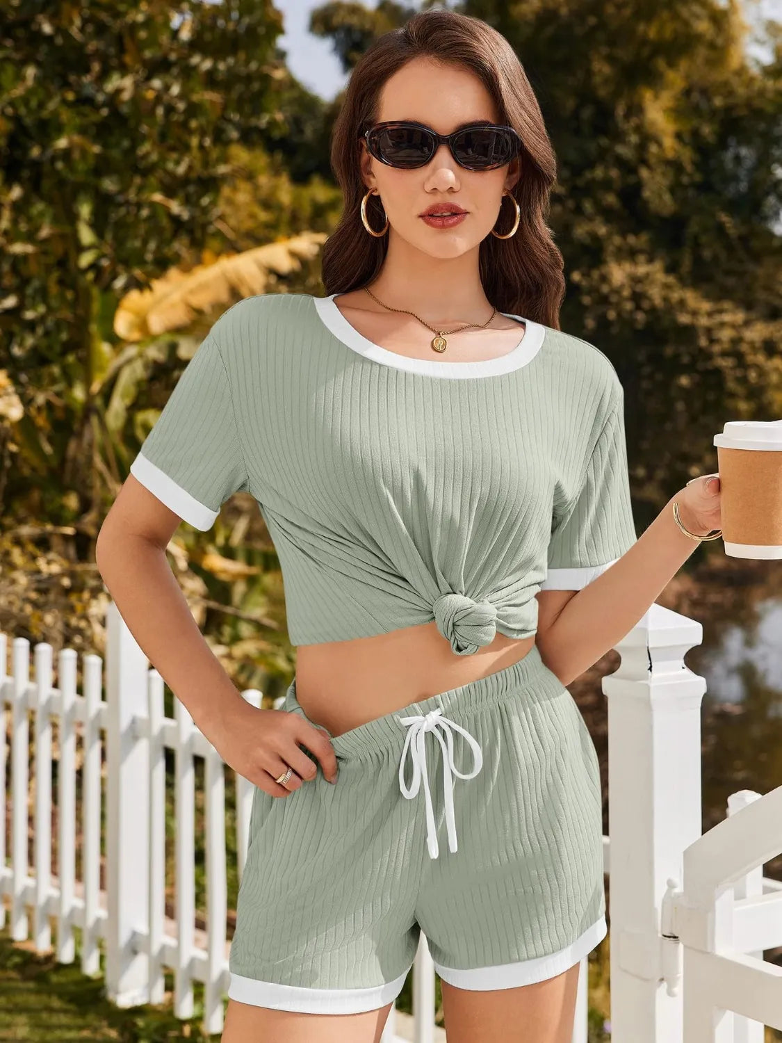 Ribbed Short Sleeve Top and Shorts Set