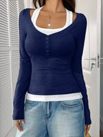 Scoop Neck Long Sleeve Fake Two-Piece T-Shirt