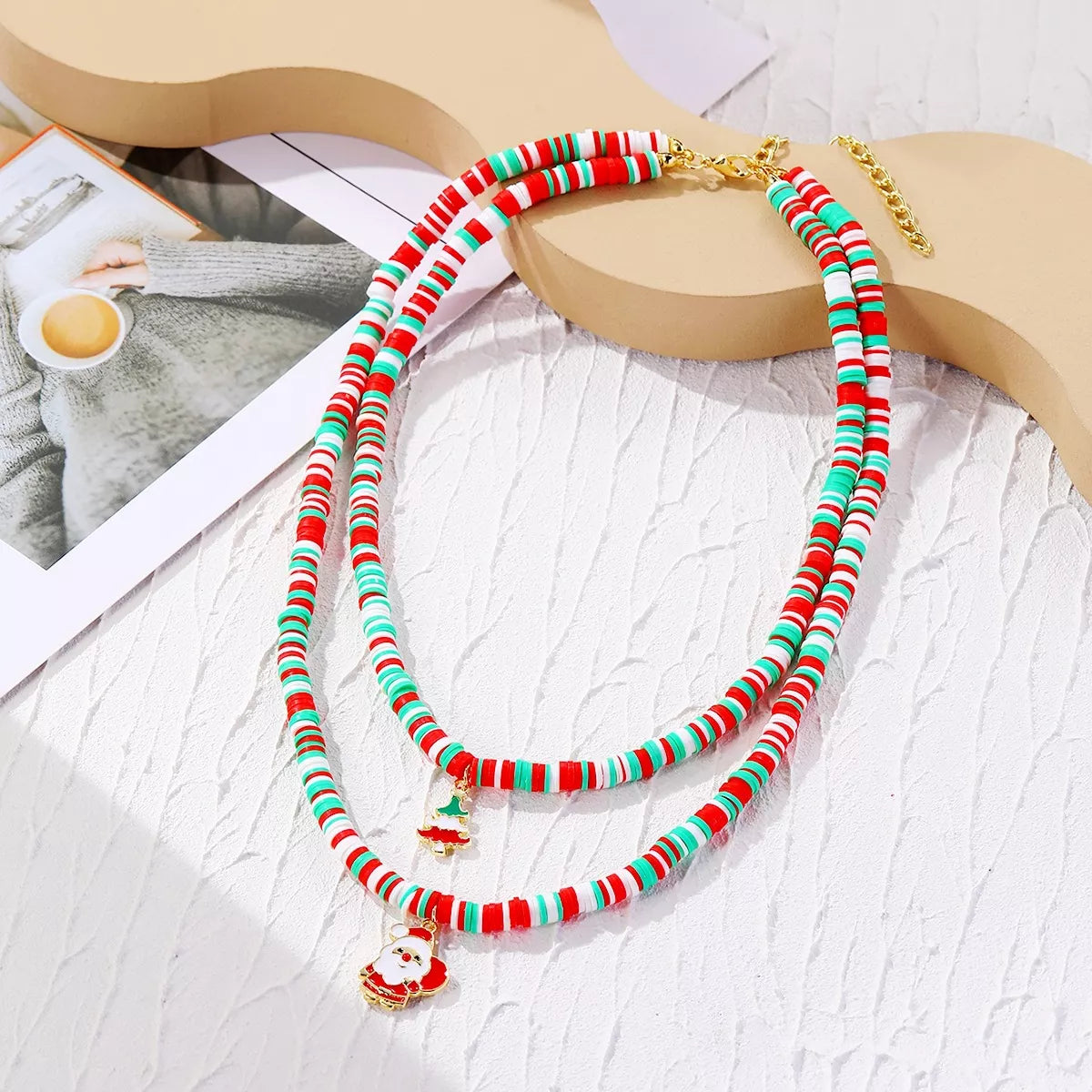 Alloy Christmas Necklace with Santa and Christmas Tree Pendant