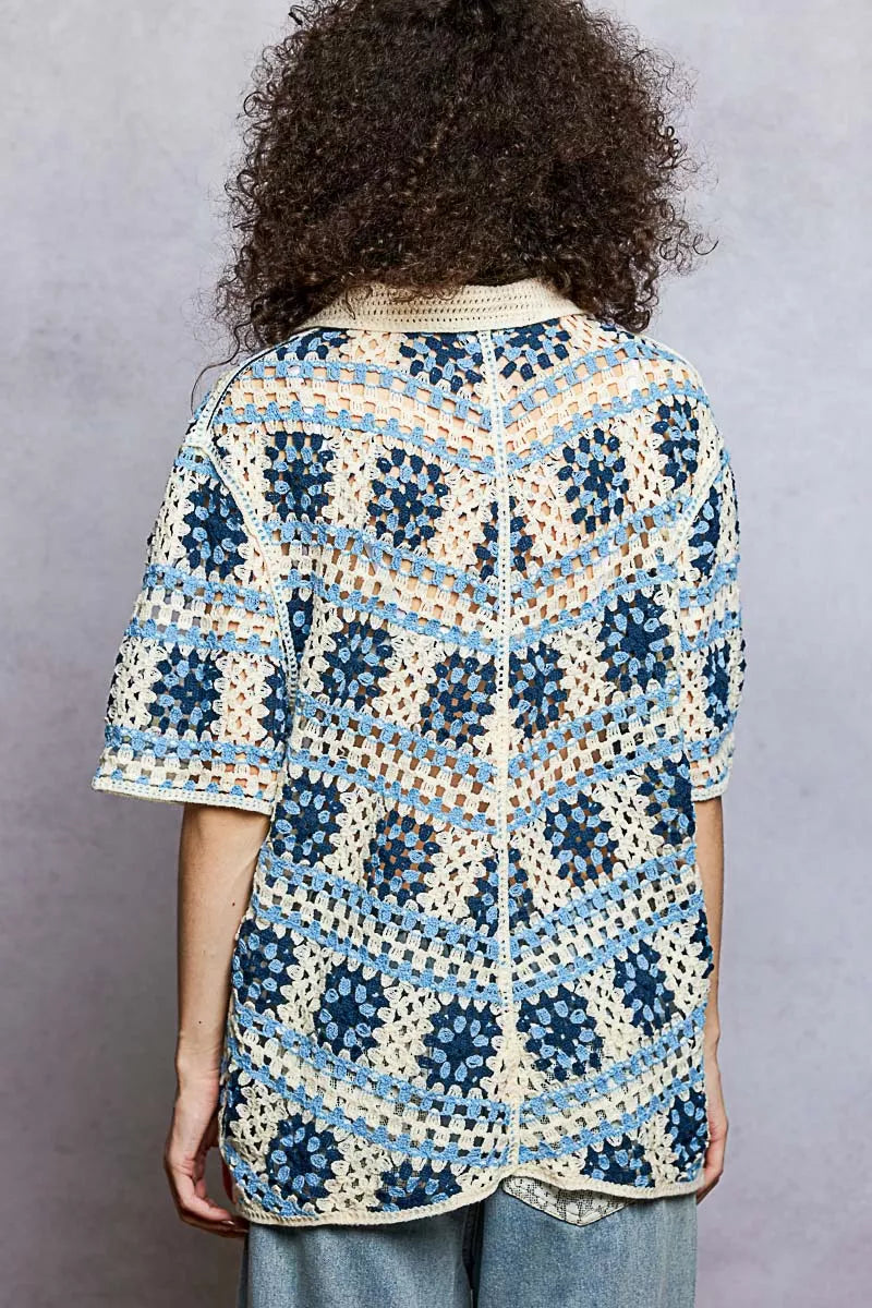 POL Openwork Short Sleeve Crochet Shirt with Border Accents