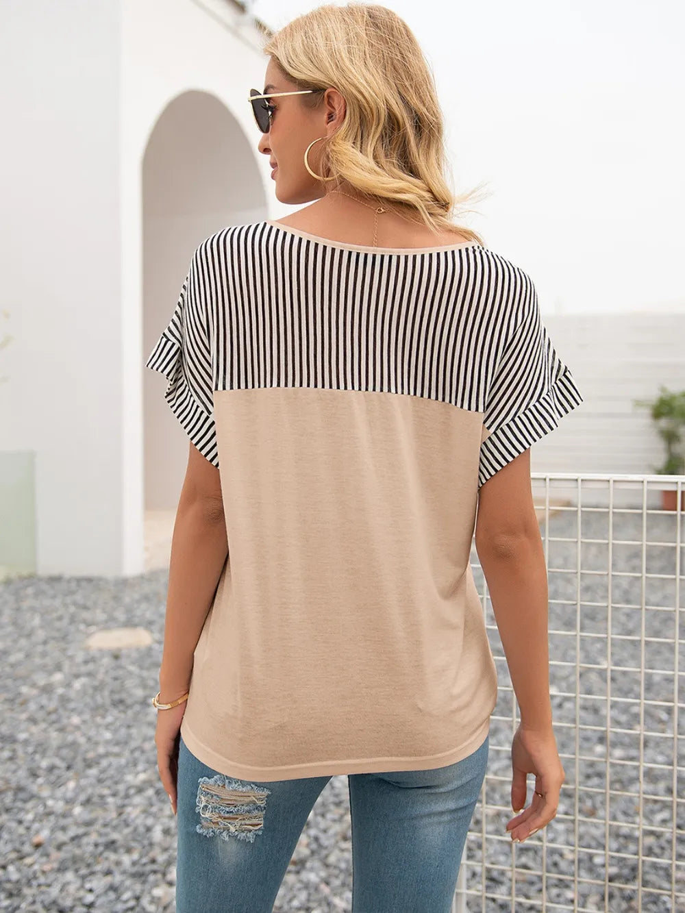 Ivy Lane Striped V-Neck Short Sleeve T-Shirt