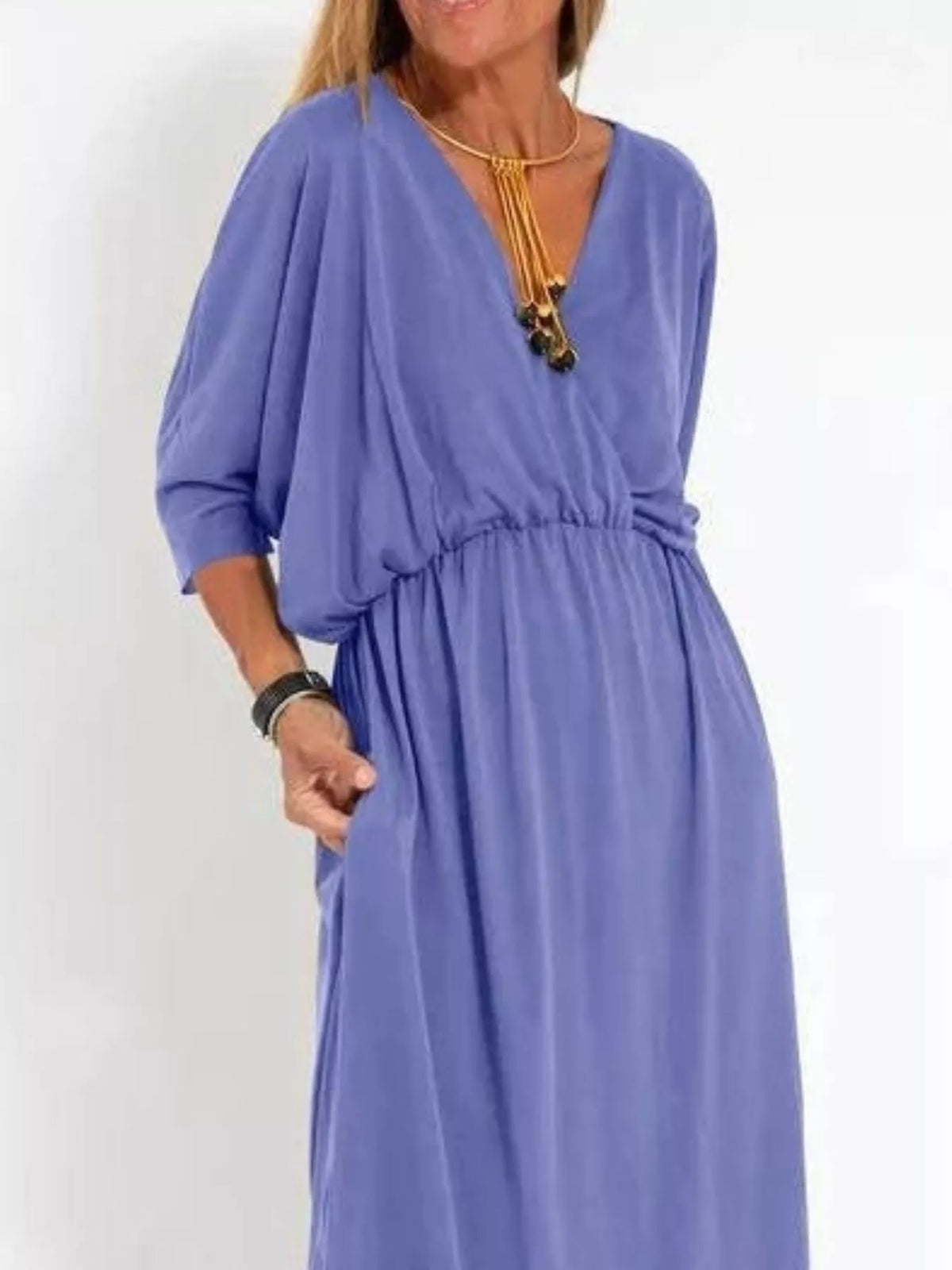 Full Size V-Neck Batwing Sleeve Maxi Dress with Side Slits Plus Size