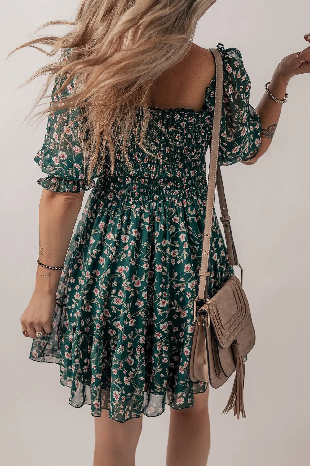 Smocked Square Neck Puff Short Sleeve Floral Dress