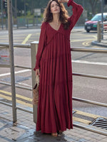 V-Neck Long Sleeve Tiered Maxi Dress