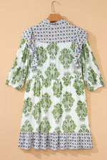 Floral Print Contrast Patchwork Ruffle Detail Mini Dress