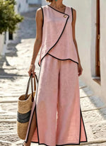 Contrast Trim Top and Slit Pants Set