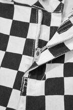 Checkerboard Print Distressed Holes Raw Edge Cropped Jeans