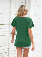 Ruffle Sleeve Keyhole Tie Neck T-Shirt