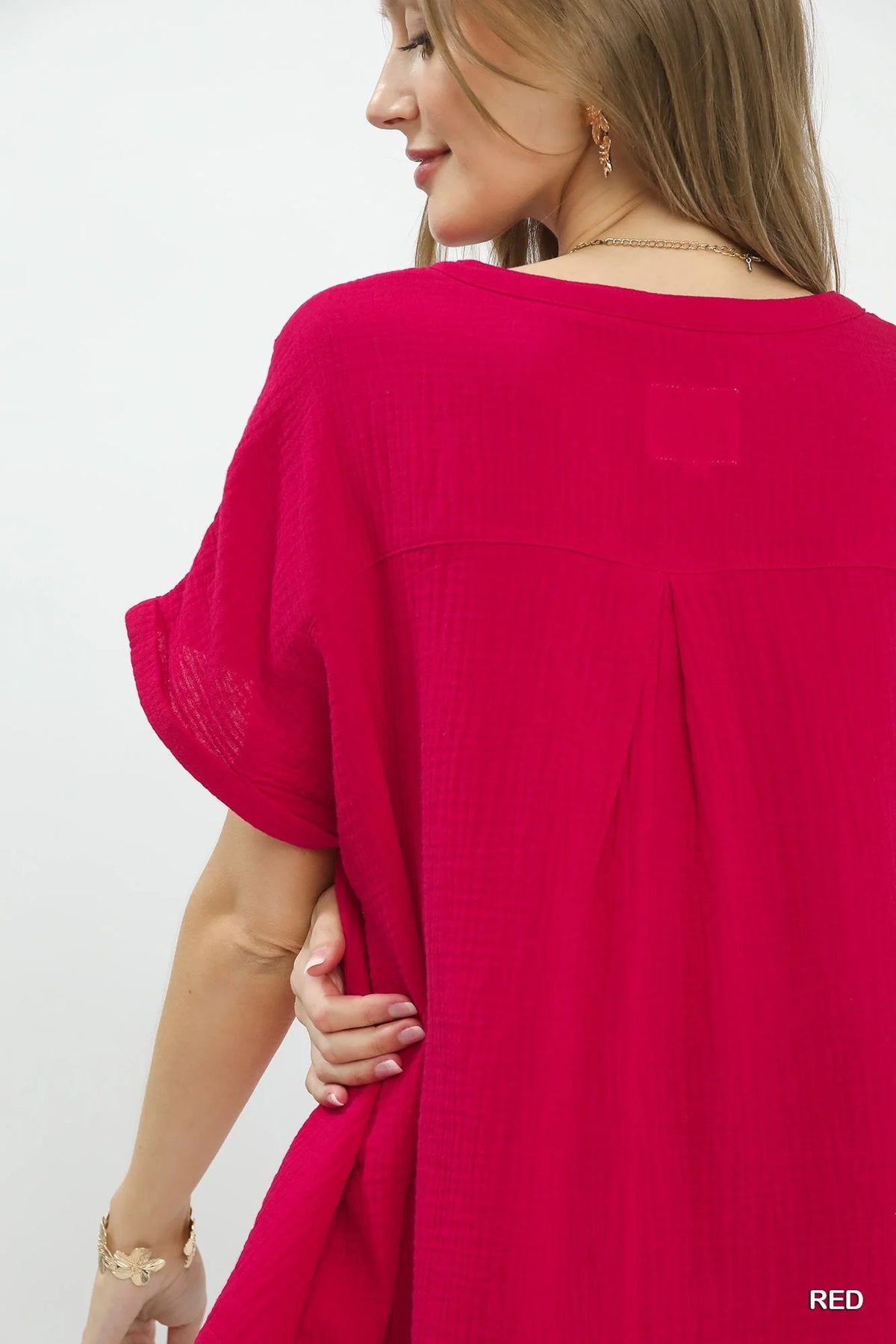 Umgee Textured Gauze Split-Neck Boho Blouse