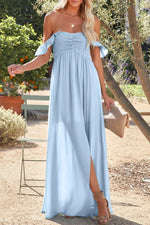 Off Shoulder Ruched Bust Sheer Slit Maxi Dress