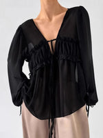 Ruffled Tie Front Long Sleeve Blouse