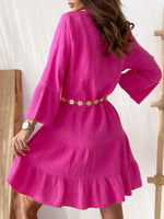 Button Detail Notched Long Sleeve Dress