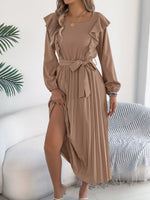 Ruffle Trim Pleated A-Line Midi Dress