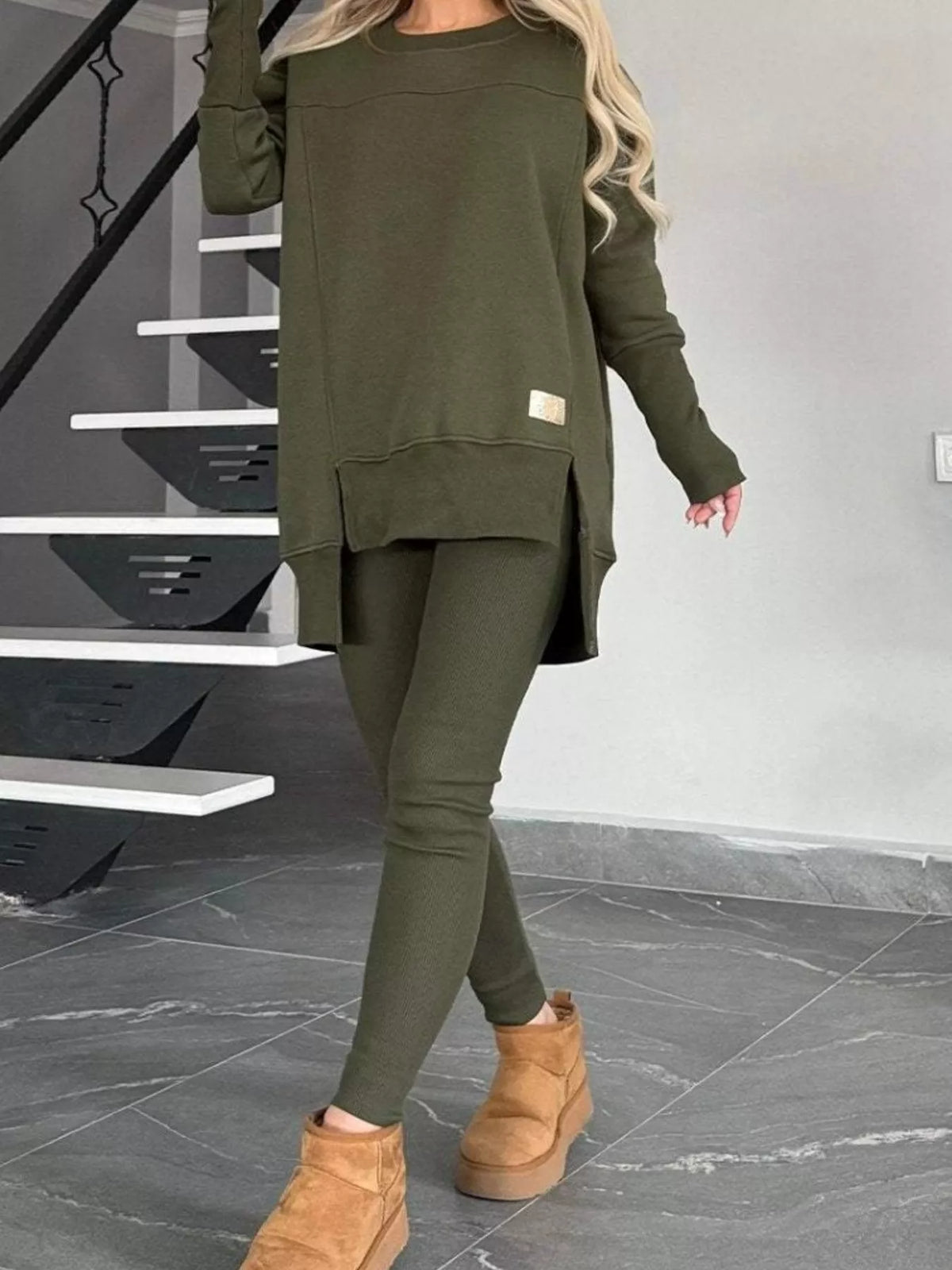 Full Size Slit Round Neck Top and Pants Set Plus Size