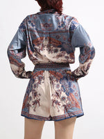 Printed Button Front Long Sleeve Shirt and Shorts Set