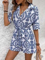 Printed Tie Waist Button Front Romper