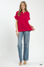 Umgee Textured Gauze Split-Neck Boho Blouse