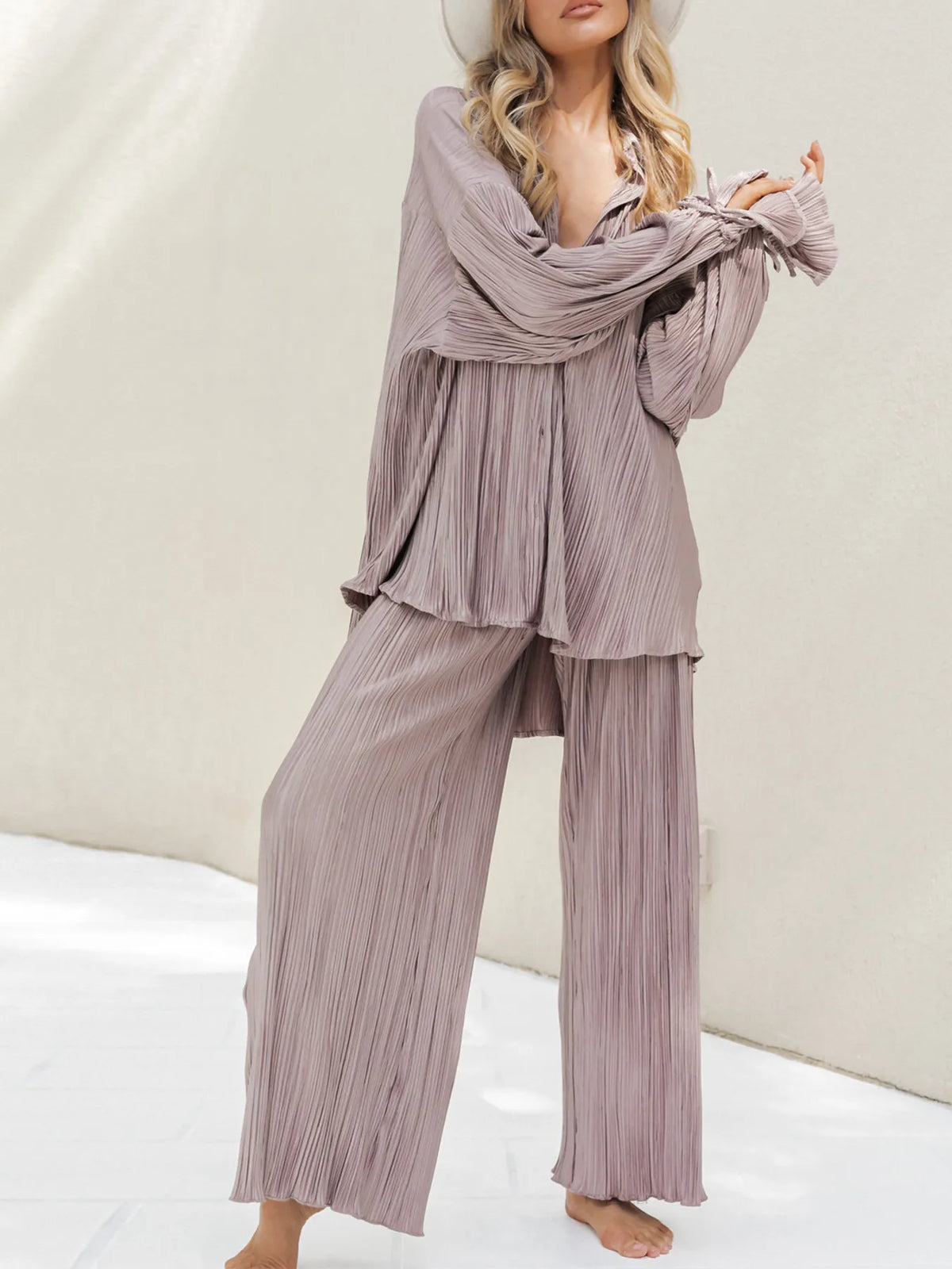 Button Up Long Sleeve Top and Pants Set