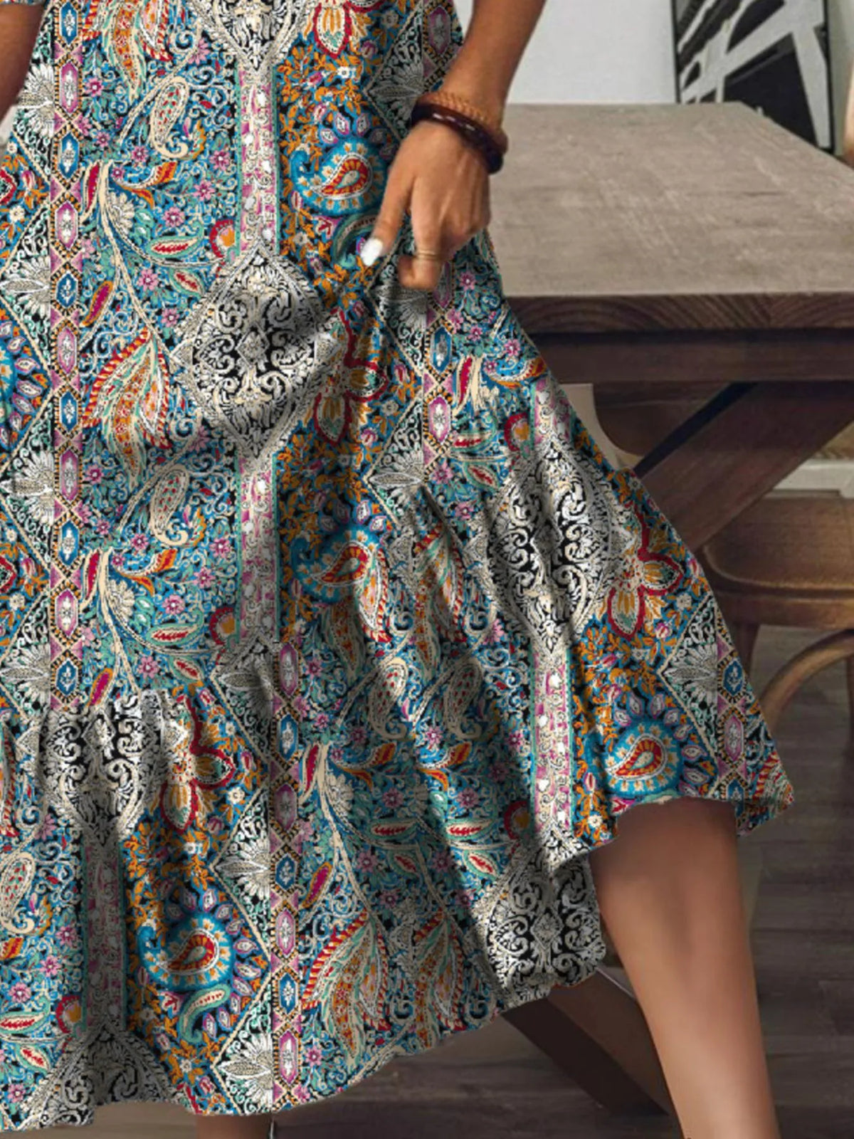 Full Size Bohemian Paisley Print V-Neck Midi Dress Plus Size