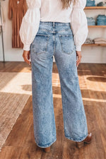 Acid Wash Pocket Detail Flare Jeans
