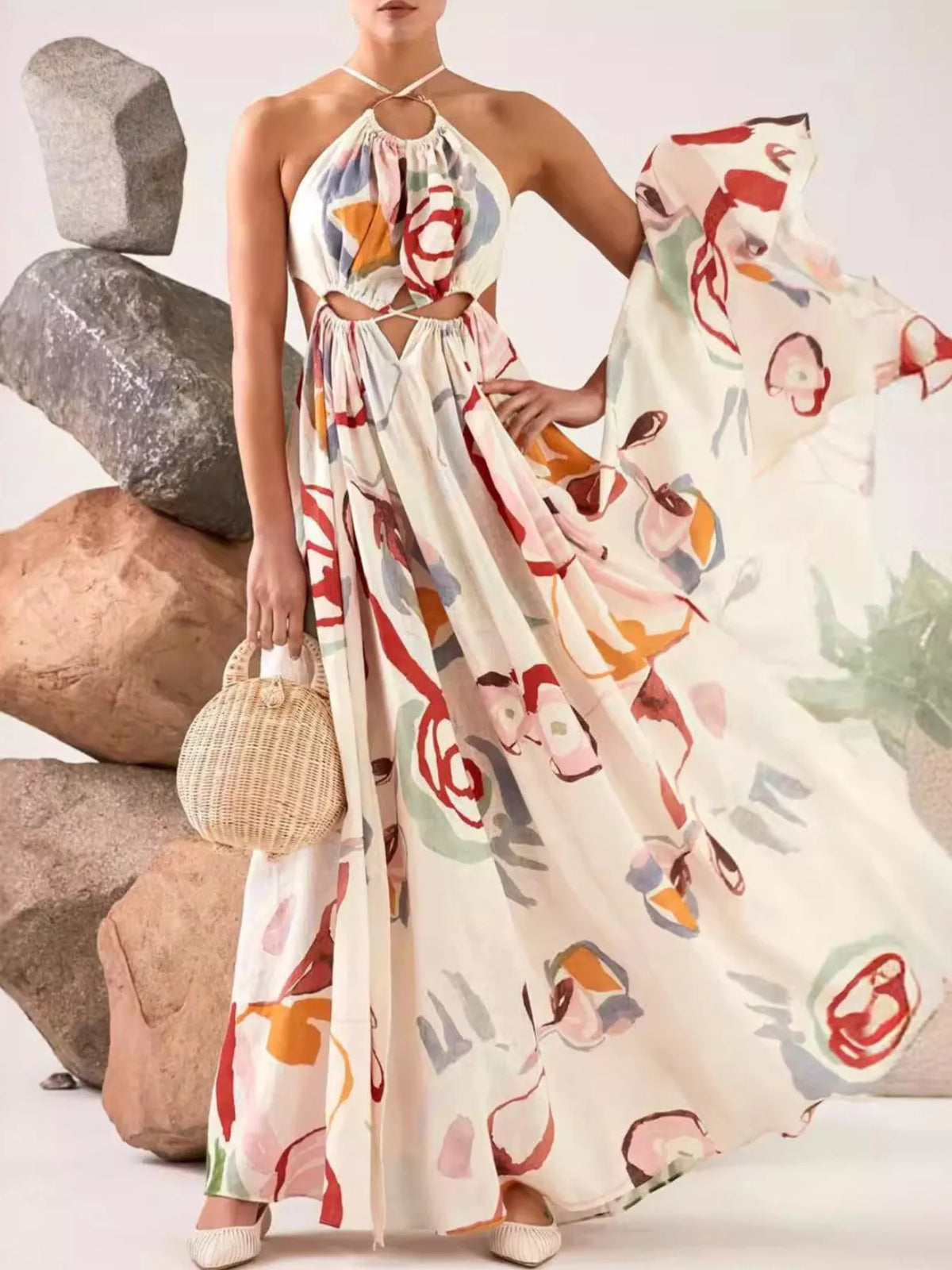 Printed Halter Neck Cut-Out Maxi Dress