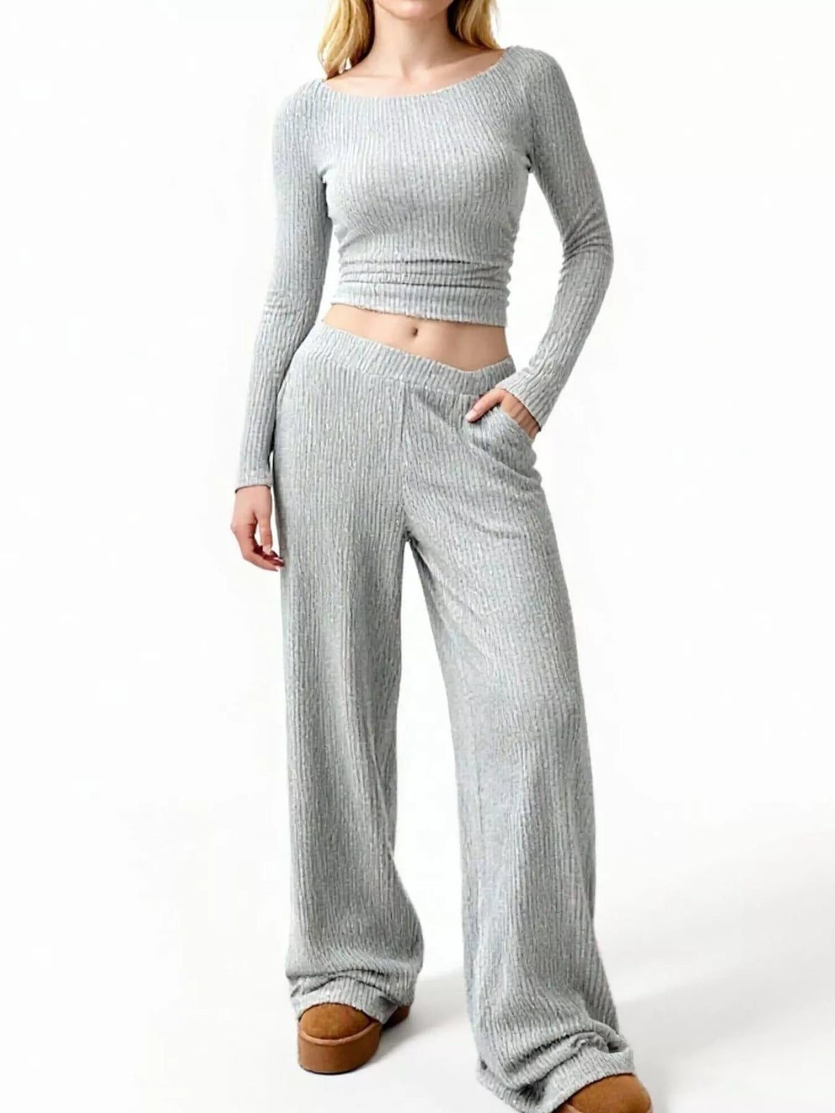 Round Neck Long Sleeve Top and Pants Set