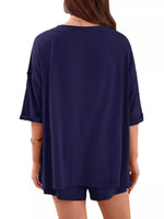 Casual Solid Color V-Neck Top & Shorts Set