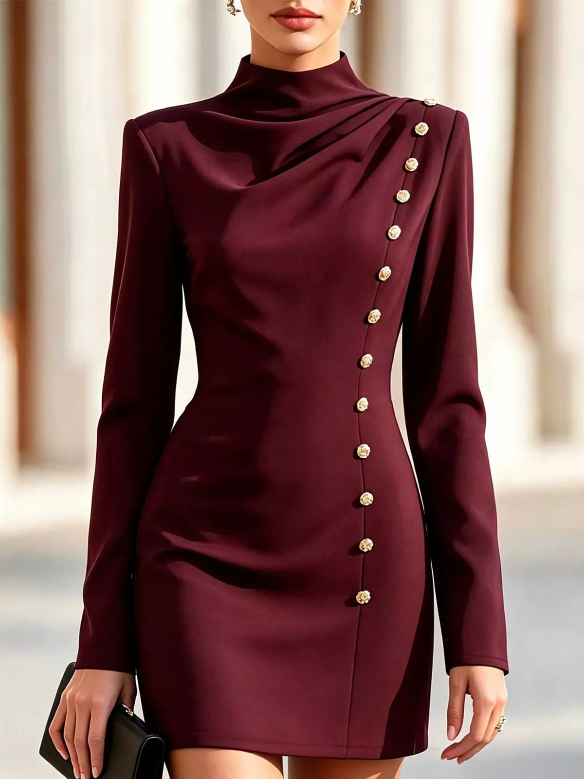 Full Size Decorative Button Mock Neck Mini Dress Plus Size