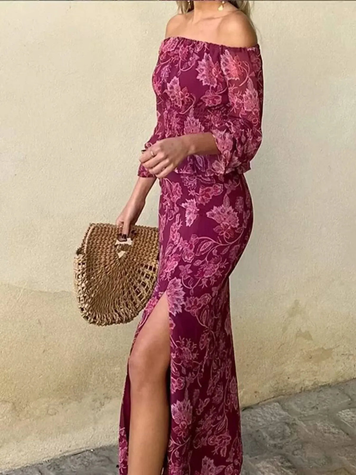 Printed Flounce Sleeve Top and Slit Skirt Set