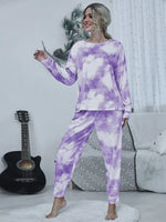 Shiny Tie-dye Round Neck Top and Drawstring Pants Lounge Set
