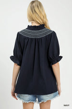 Umgee Textured Henley Blouse with Ruffle Cuffs