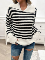 Devine Striped Collared Neck Long Sleeve Sweater